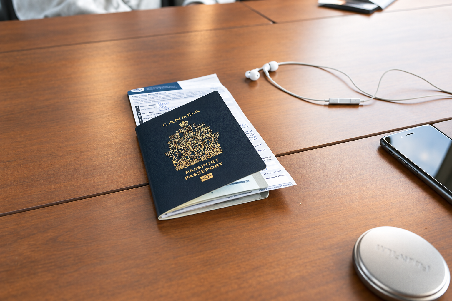 Pasaporte y documentación de viaje sobre un escritorio